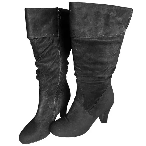 Women's Fold-Over Shaft Slouch Knee-High Suede Boots | Side Zip | Slim Heel - Picture 4 of 9